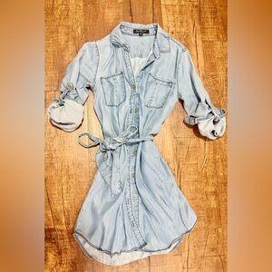 Velvet Heart Chambray Shirt Dress | Tie Waist Roll Tab Sleeves | XS
